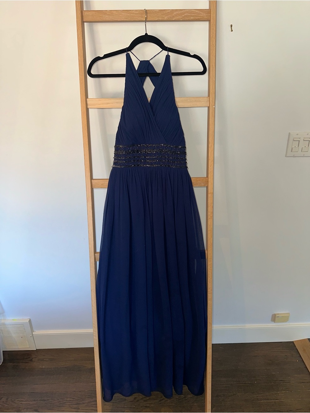 Aidan Mattox Navy Halter Maxi Dress with Beaded Waist